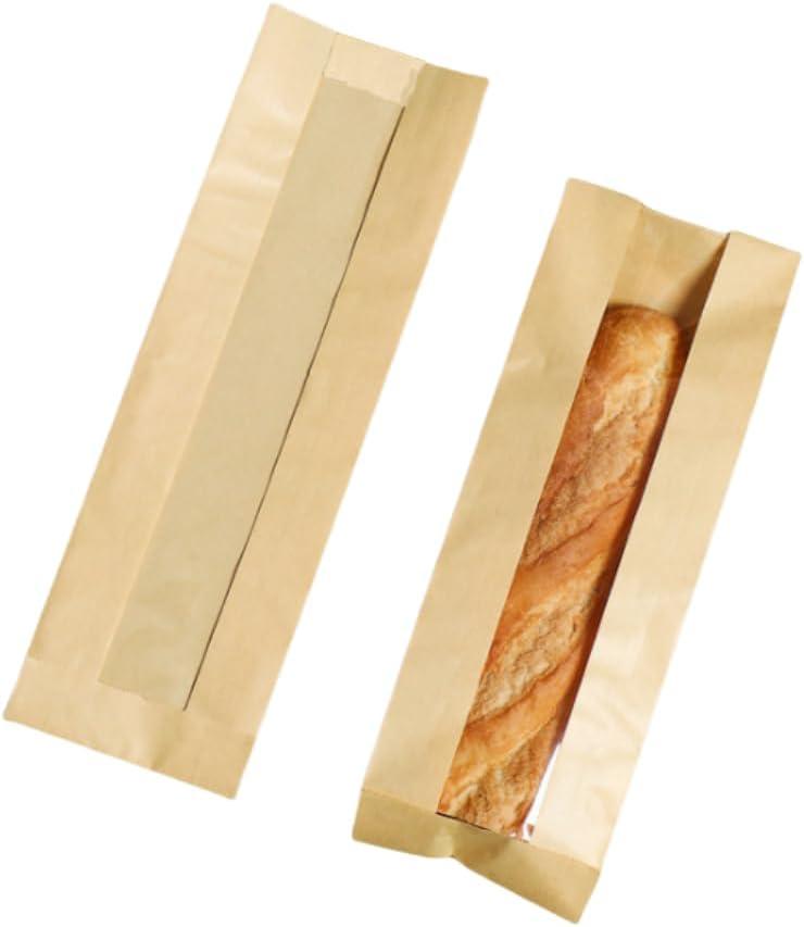 50 Pcs Brown Baguette Bread Bags, 13" Paper Bags with Window, Clear Bread Bags with Sticker, Long Size Bags, Packaging for Baked Goods(13" Brown)