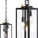 16'' Large Dusk to Dawn Outdoor Pendant Light for Porch 1 Pack, Modern Outdoor Chandelier for Gazebo with Clear Glass, Black Outside Hanging Lighting Fixture for Foyer Entryway