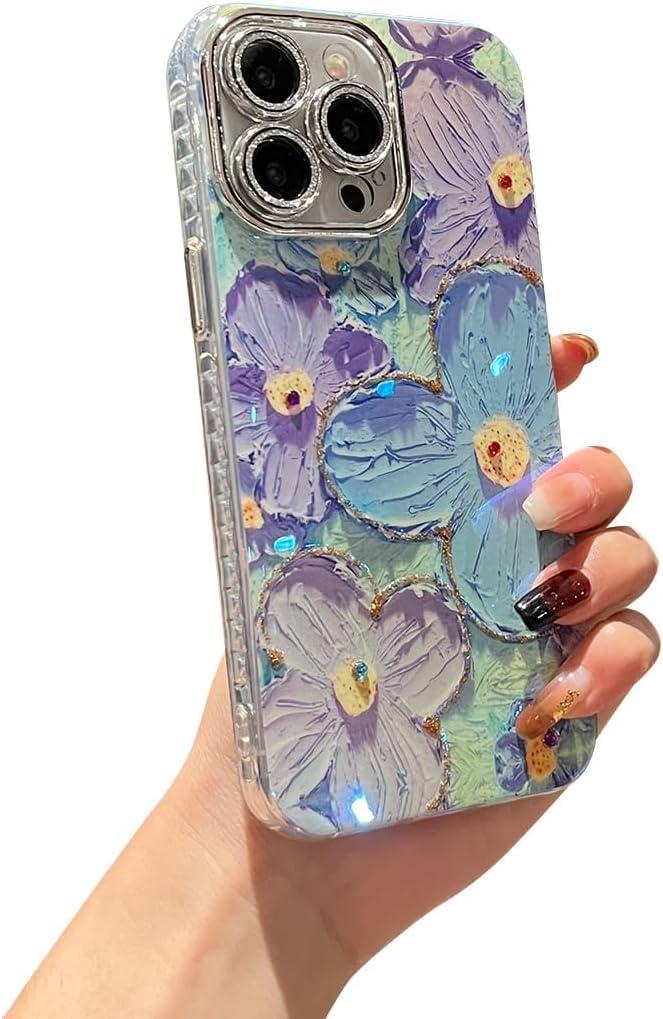 Elzzi Compatible with iPhone 16 Pro Case Laser Flower Oil Painting Cute Colorful Blue Ray Bumper with Full Camera Protection Shockproof PC+TPU Glossy Shiny Cover for Girls Women, Green