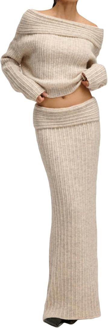 Kwunbwa Skirt Sets Women 2 Piece Outfits Off Shoulder Long Sleeve Sweater Bodycon Maxi Skirt Fall Knit Sweater Set (Beige) XL