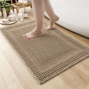AMOAMI Waffle Bath-Mat, Absorbent Bath Mats for Bathroom Non Slip, Machine Washable Bathroom Rugs with Tassels Ultra Soft Boho Bath Rugs for Floor 17''x24'' Beige