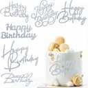 6 Silver Happy Birthday Cake Topper Set: Acrylic Cake Signs, Side Mirror Inserts & Cupcake Accents for Dessert Party Decor