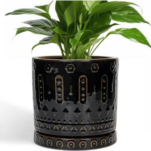 Eightpot 8 Inch Pots for Plants, Ceramic Plant Pot for Indoor Outdoor, Round Planter with Drainage Hole and Tray, Modern Flower Pot, Decorative Plant Pots, Room Decor, House Warming Gifts, Black