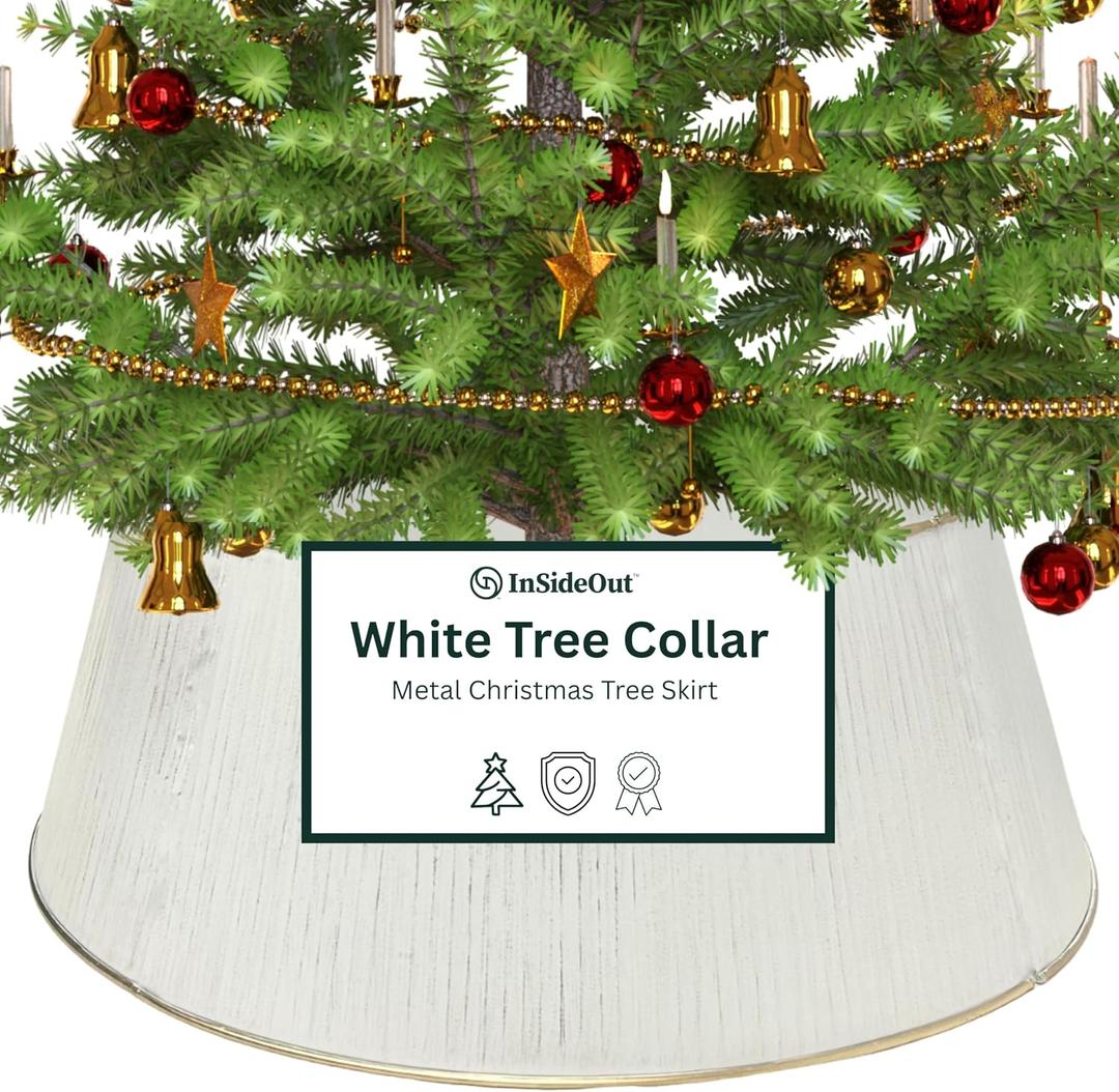 White Tree Collar, Holiday Tree Skirt Alternative, Christmas Decorations for Tree, Metal Christmas Tree Skirt, Xmas Tree Collar, Premium White & Gold Finish, Standard