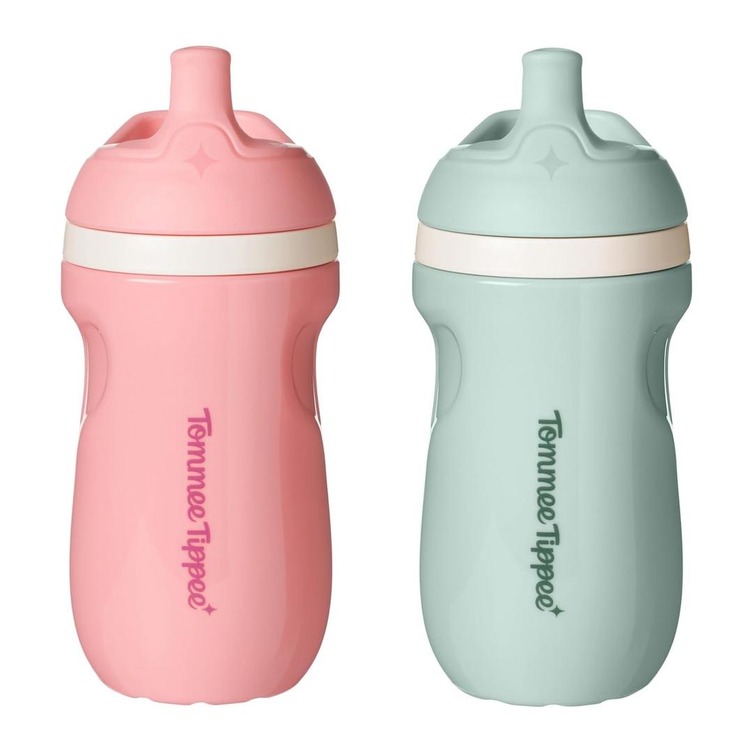 Tommee Tippee Insulated Sporty Bottle, 9oz, No Spill Toddler Water Bottle For 12 months +, Two-Piece Valve Helps Stop Spills, Pack of 2, Pink and Mint (2 PACK, Light Pink/Mint)