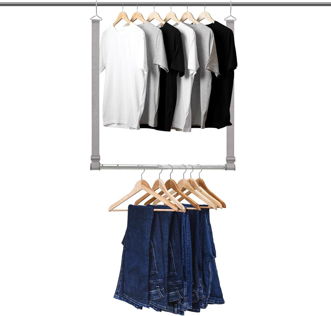 Hanging Closet Rod, 17-28In Width and Up to 32In Height Closet Extender, Double Hanging Bar with Powder-Coated Metal Pole and Adjustable Webbing, Space-Saving Tension Organizer, 1 Pack (Gray)