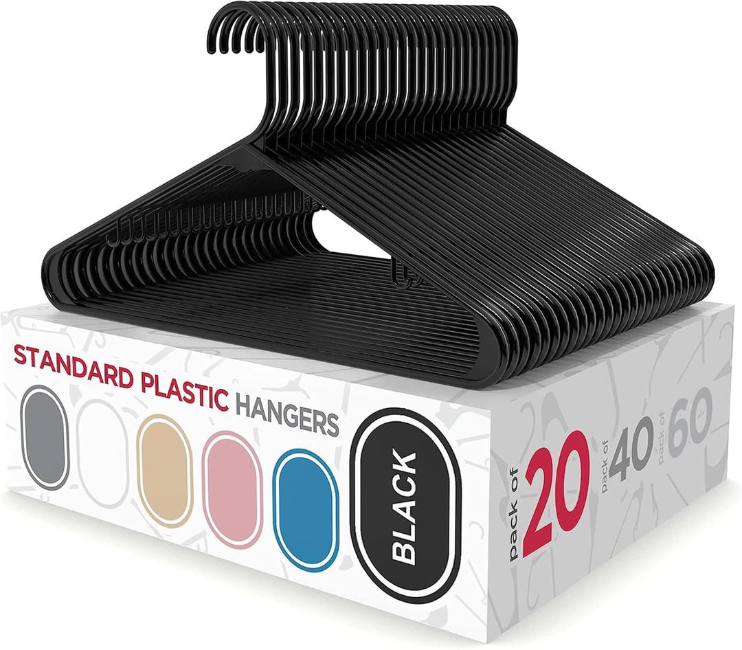 Sharpty Plastic Hangers Clothes Hangers for Clothing, Closet, Coats & Shirts - Durable & Space Saving - for Everyday Standard Use, Room Essentials & Basics - 20 Pack - Black