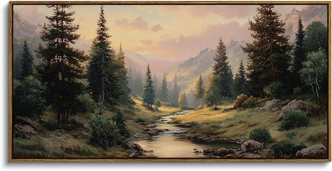 ARPEOTCY Rustic Landscape Wall Art for Living Room Fireplace Hallway, Large Framed Art,20x40in,Vintage Farmhouse Earthy Moody Cozy Decor, Nature Mountain Valley Painting Artwork for Spring Summer