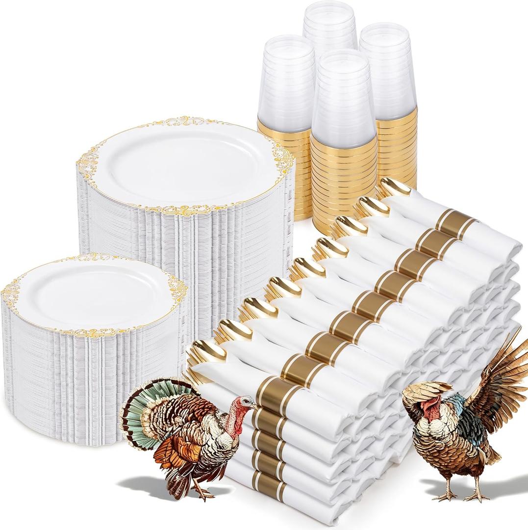 Nervure 700PCS Gold Plastic Plates - Gold Plastic Dinnerware Sets for 100 Guests - 200 Disposable Plates, 300 Silverware, 100 Cups, 100 Napkins for Wedding & Party & Thanksgiving (White and Gold)