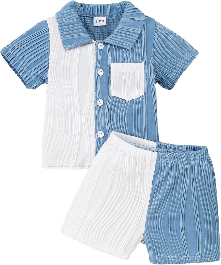 NZRVAWS Toddler Baby Boy Clothes Button Down T-Shirt Short Sleeve Patchwork Top Shorts Set 2PC Little Boy Summer Outfit 3-4Y