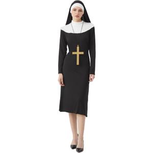 Halloween Nun Costume Woman, Nun Costume Dress Set Adult, Nun Outfit+Nun hat+ Cross Pendant for Cosplay Party (Small, Black)