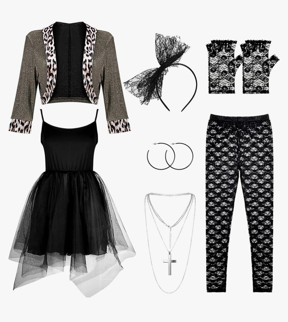 Boyiee Womens 80s Costume Set Dress Jacket Headband Earrings Necklace Lace Legging Gloves Halloween 80s Themed Costumes XL