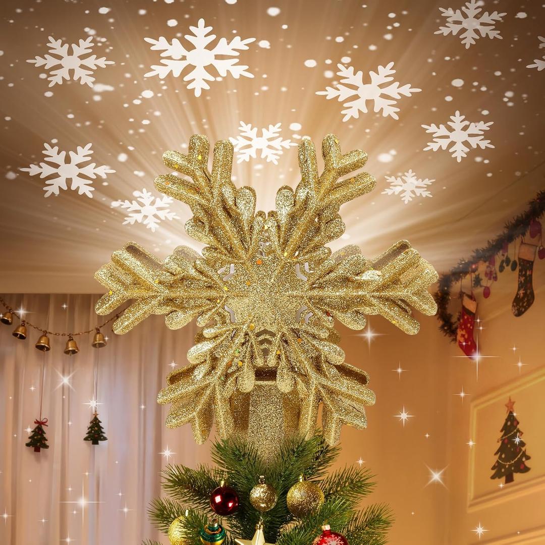 Christmas Tree Topper Lighted with Built-in LED Rotating Snowflake Projector, 3D Hollow Glitter Gold Snowflake Tree Topper for Xmas Party Holiday Christmas Decorations