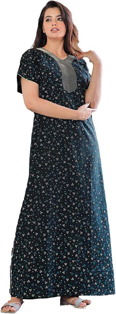 Mik & Misha Women's Cotton Printed Nighty/Night Gown Maxi Free Size (Dark Green)