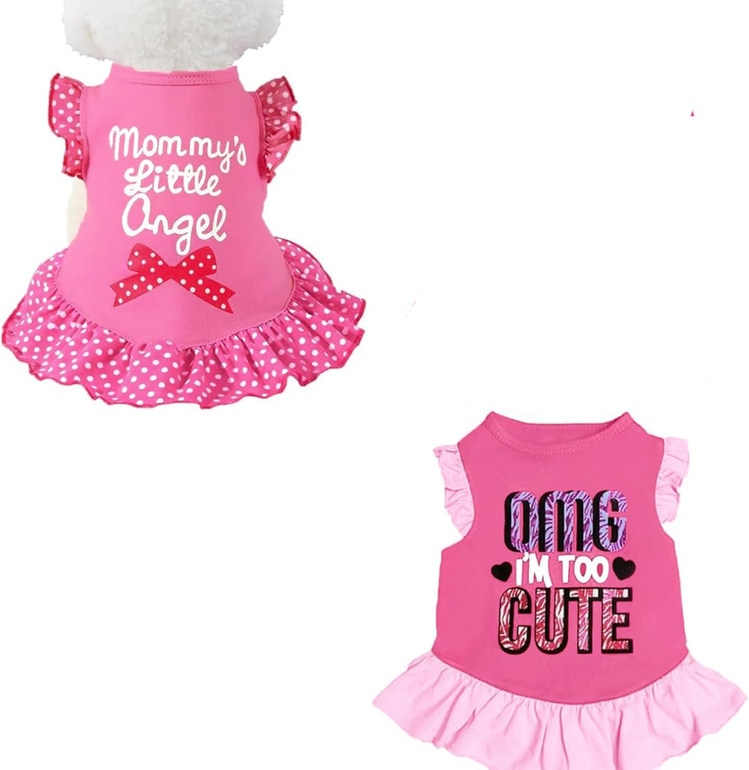 XPUDAC 2 Pack Pet Dog Dress Dog Clothes Girl Puppy Shirt Yorkie Clothes Cute Doggie Dress Pet Apparel for Small Dogs and Cats (Pink Angel, Small(4.5-8lbs))