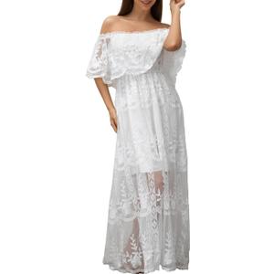 HOYISHION Women's Off The Shoulder Floral Lace Maxi Dress White Bridesmaid Wedding Party Maternity Photoshoot Long Dresses 2XL