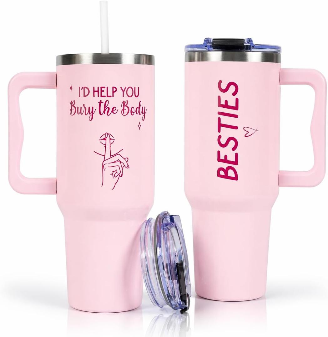 Gifts for Best Friend Woman, Bestie Gifts for Women, Best Friend Birthday Gifts for Women, 40Oz Tumbler With Handle and Straw, Funny Pink Besties Friend Tumbler Cup for Friend Sister