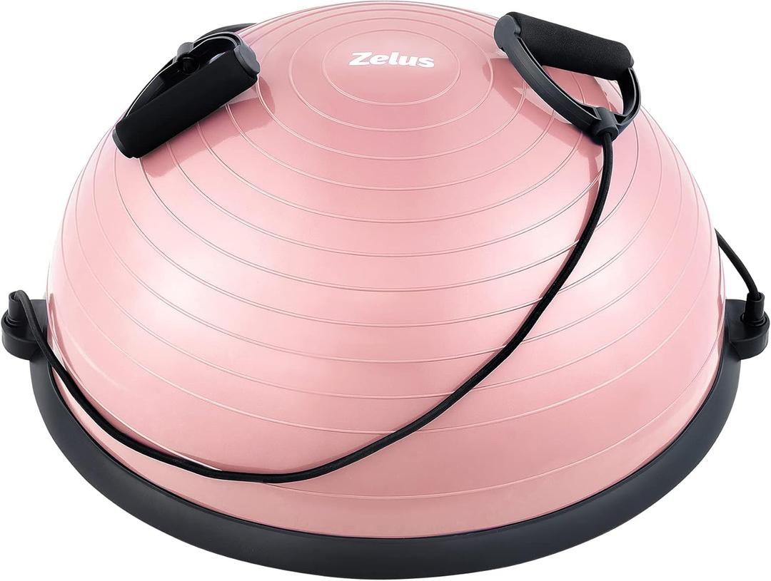 ZELUS Balance Ball Trainer with Resistance Bands and Foot Pump, Inflatable Yoga Ball for Home Gym Workouts, 23 Inch Exercise Half Ball for Balance Training Core Strength Fitness More, 330lb Cap (Pastel pink)