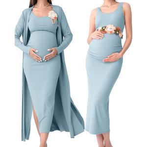 Rnxrbb 2 PCS Spring Summer Maternity Dress Cardigan Set Bodycon Maxi Formal Dresses Boho Baby Shower for Women, Medium