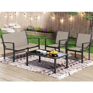 Greesum 4 Pieces Patio Furniture Set, Outdoor Conversation Sets for Patio, Lawn, Garden, Poolside with A Glass Coffee Table, Brown