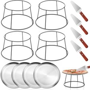Yiyiring 12 Pcs Pizza Stand Set: 4 Metal Stands, 4 Pizza Pans, 4 Spatulas for Weddings, Party(Silver,Round)