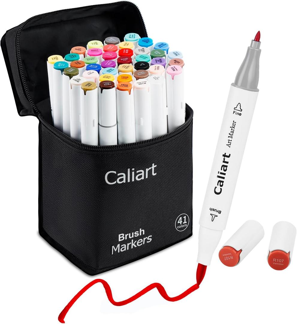 Caliart Art Markers, 41 Colors Alcohol Marker Pen Set Dual Tip Brush & Fine Permanent for Coloring Highlighters Anime Illustration Card Making Underlining Drawing Gifts