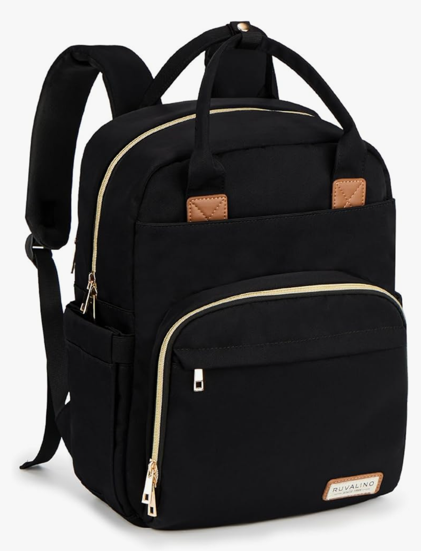 RUVALINO Diaper Bag Backpack, Multifunction Travel Pack Maternity Baby Changing Bags, Large Capacity, Waterproof, Deep Black, Polyester