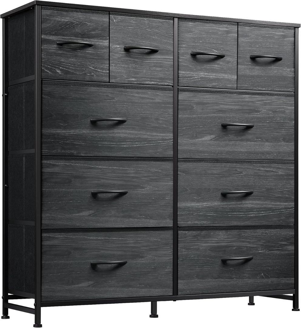 WLIVE Dresser for Bedroom with 10 Fabric Drawers, Tall Chest Organizer Units for Clothing, Closet, Storage Tower with Cabinet, Metal Frame, Wooden Top, Charcoal Black Wood Grain Print
