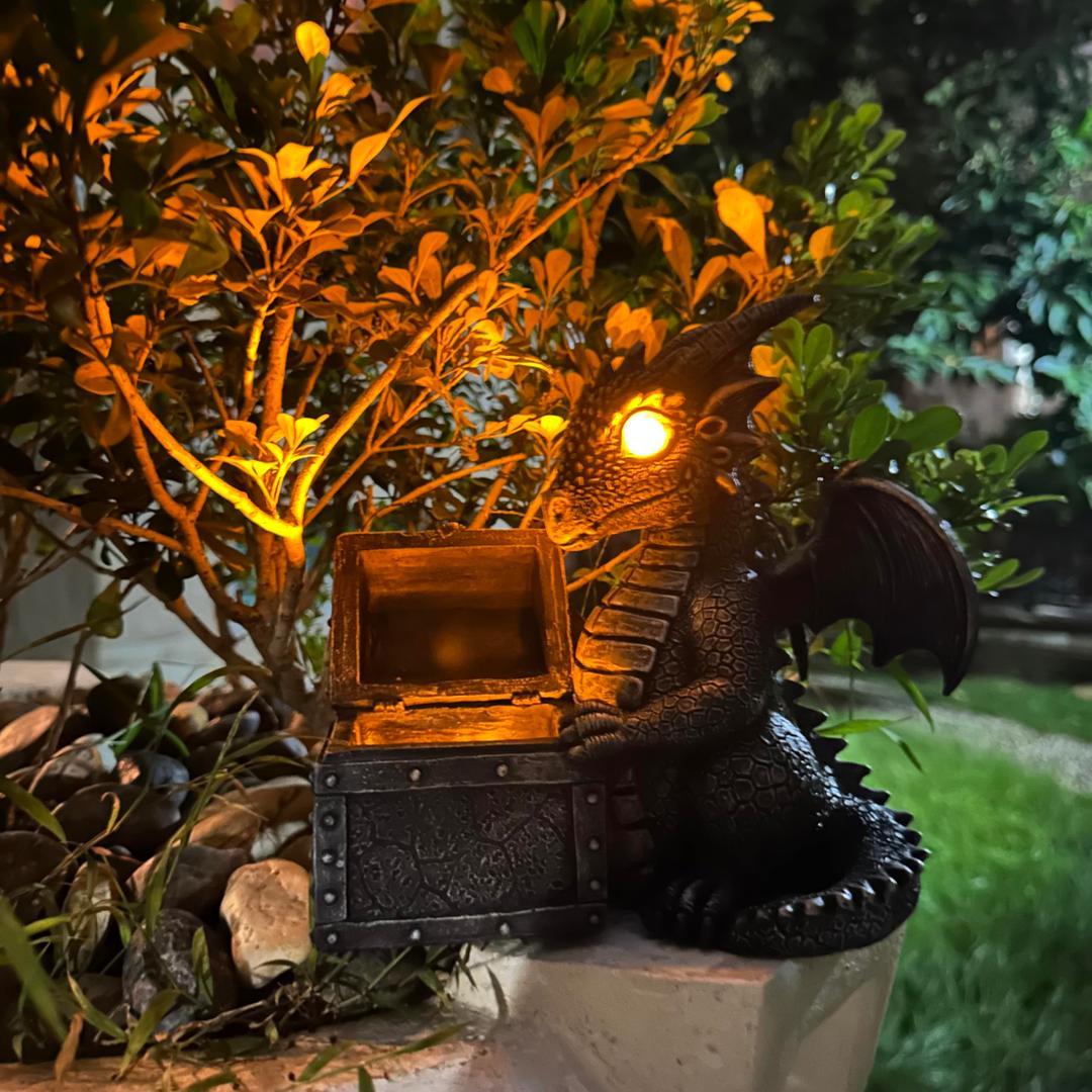 Garden Dragon Statue Solar Powered Outdoor Figurine Light Decor Cute and Hold Glowing Treasure Chest Resin Sculpture Home Decoration for Porch Patio Lawn Farm Yard Housewarming Ornament Gift