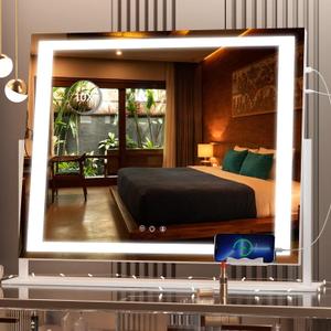 Hasipu Vanity Mirror with Lights, 24.2" x 19.7" LED Makeup Mirror, Light up Mirror with 10X Magnification and USB, Phone Holder, Smart Touch 3 Colors Dimmable, 360 Rotation (Right Angle White)
