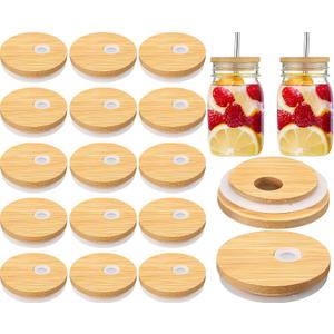 Sieral 70mm Bamboo Jar Lids with Straw Hole for Glass Cups Reusable Wooden Mason Jar Lids for Beer Can Cups, 2.76 Inch Canning cover with Silicone Ring for Regular Mouth Drinking Jars(30 Pcs)