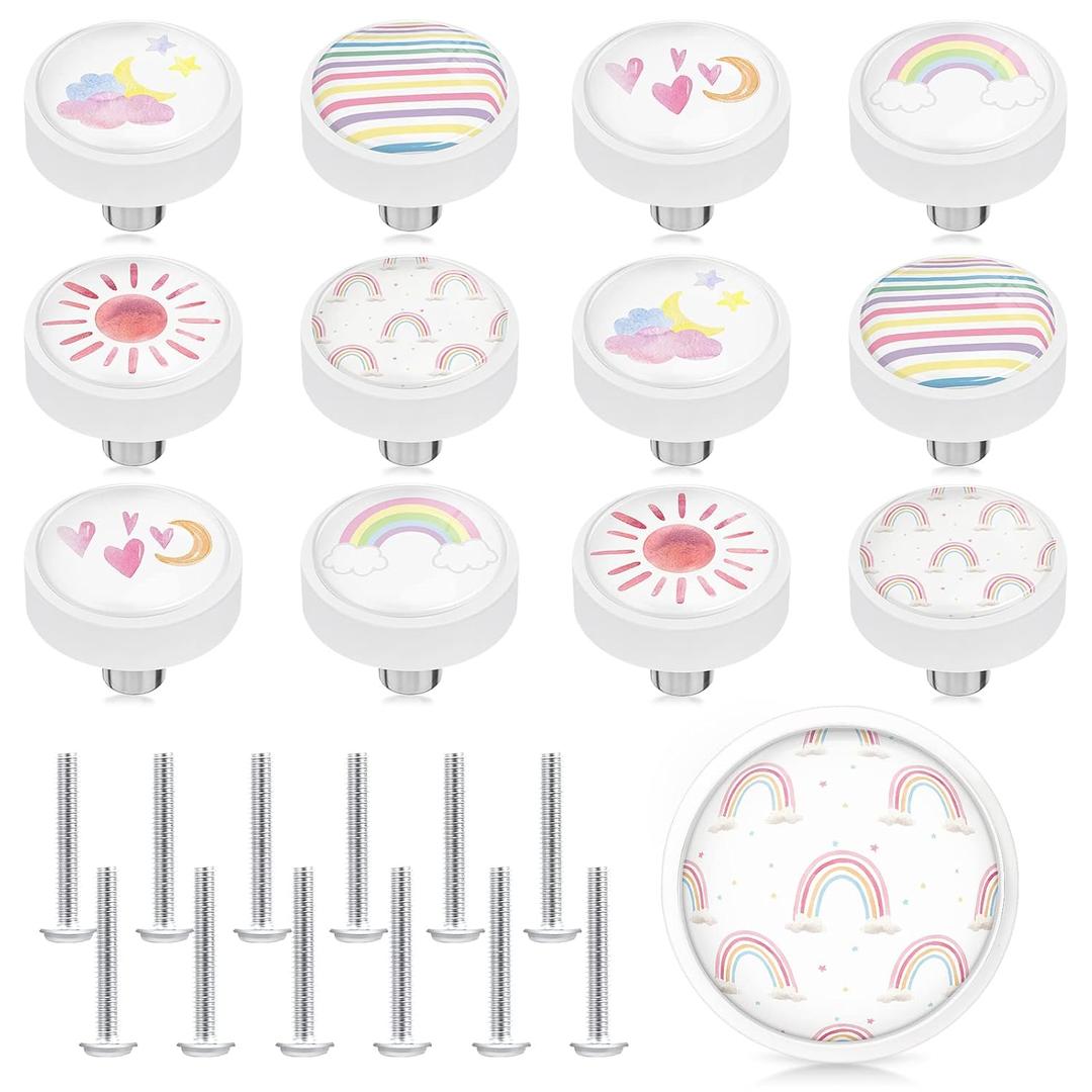 Fumete 12 Set Knobs for Dresser Drawers for Kids Girls Boho Rainbow Drawer Knob Pulls Round Soft Rubber Pastel Drawer Knobs Silicone Cabinet Drawer Knobs for Baby Girls Kids Dresser Room Nursery