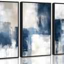3 Pcs Framed Navy Blue Abstract Canvas Wall Art Modern Minimalist Neutral Blue and Grey Paintings Pictures Wall Decor Poster Print Artwork for Living Room Bedroom Office Home Decoration
