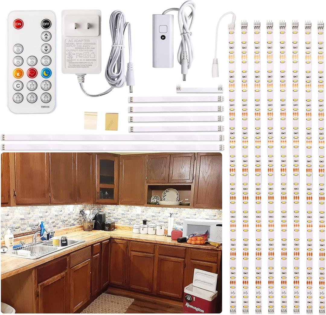 WOBANE Under Cabinet Lights, Kitchen LED Lighting Kit, 8 PCS 20inch LED Strip Light Bars with 24W Plug, RF Remote, Dimmable for Under Counter, Cupboard, Shelf, Showcase, Desk 6500K White,1900LM,13ft