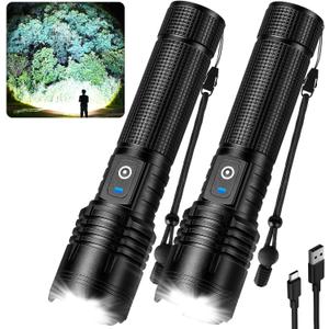 Flashlight Rechargeable LED High Lumens, 99,000 Lumens Super Bright Flash Lights with 5 Modes, Adjustable Waterproof Powerful Linterna for Home, Camping (2 Pack)