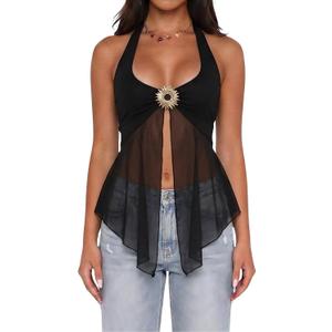 Women Halter Top Y2k Flowy Sheer Mesh Split Hem Backless Going Out Tops Festival Clubwear (Black, S)