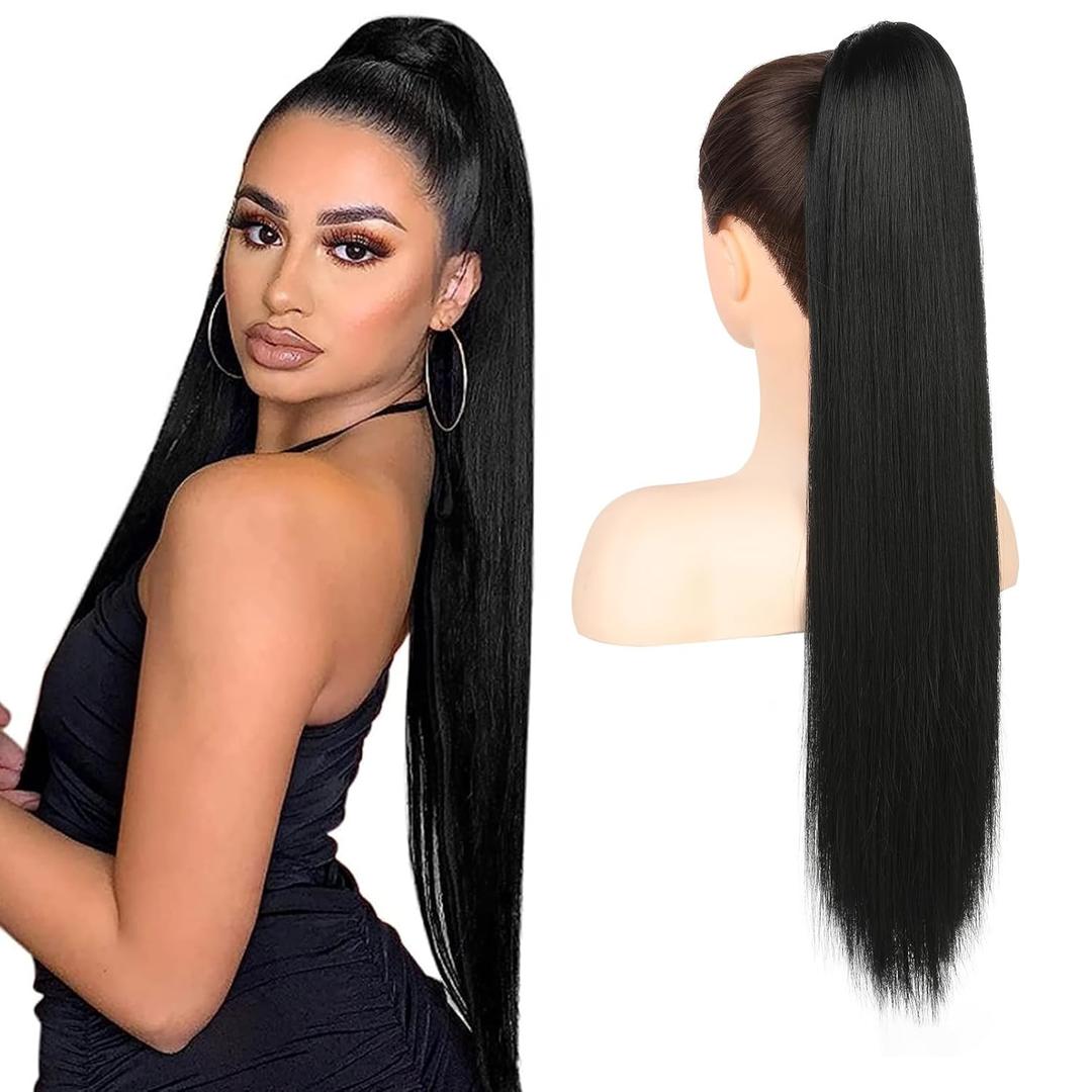 Flufymooz ponytail extension, 26 Inch Long Straight Drawstring Ponytail Synthetic Hairpieces Fake Pony Tails Natural Soft Clip in Hair Extension ponytail for Women (Natural Black)