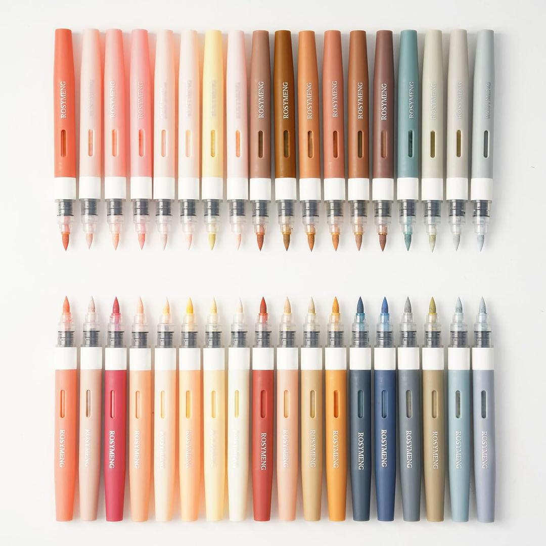 ROSYMENG Skin Tone Art Markers: 36 Colors Acrylic Paint Pen Set with Soft Brush Tip, Straight Liquid Quick-Dry Design, Drawing Supplies for Adult Coloring Books, Rock, Wood, Glass, Fabric