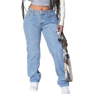 Women's Mid Waisted Straight Wide Leg Jeans Loose Fit Boyfriend Tummy Control Trendy Denim Pants with Pocket (Medium, Light Blue)