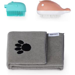 Amazon Basics Dog Bath Brush with Shampoo Dispenser and Fast Dry Towel, 3-Pack, Blue and Orange