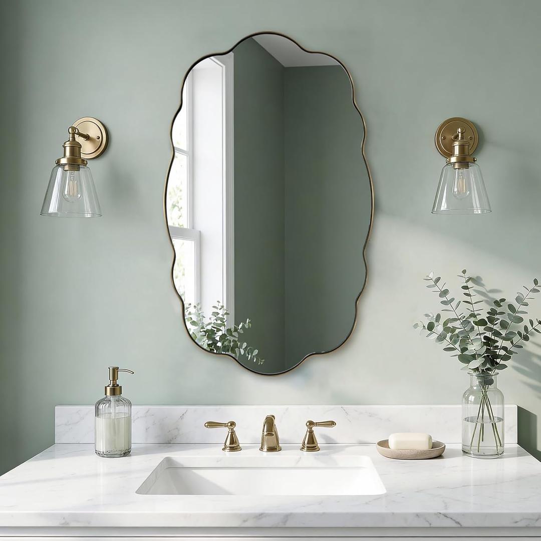 ANDY STAR Brushed Gold Oval Bathroom Mirror, 24x40 Inch Modern Wavy Scalloped Wall Mirror, Anti-Rust Brass Metal Mirror for Bathroom Hang Vertical or Horizontal