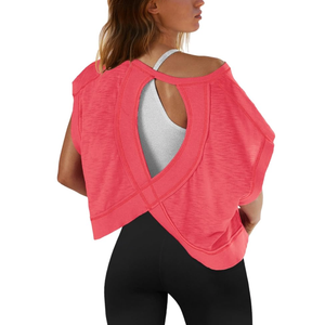 SENSERISE Womens Open Back Workout Tops Backless Short Sleeve Athletic Shirt Running Crop Top Gym Yoga Tee S