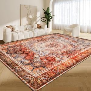 Oriental Area Rug 9x12, Vintage Rug Non Slip Low Pile Soft Large Rugs for Bedroom Dining Room Rug Living Room Carpet Red Orange Rug for Nursery Playroom Family Room Foyer Den Office Home Decor