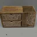 Wooden Hand craved Desk Organizer Pencil Pen Stationery Holder Cosmetic Storage Desk Box Home Office Art Supplies with 2 Drawer Wooden Tabletop Stationery Holder with 2 Drawers Storage Cabinet