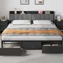 GarveeHome King Size Bed Frame with Storage Headboard, Black King Platform Bed with 2 Large Drawers and Charging Station, Industrial No Box Spring Needed Bedframe
