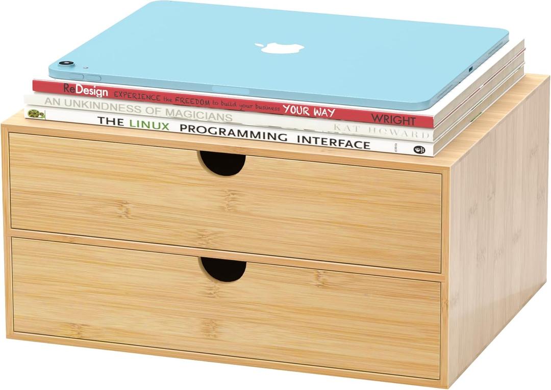 Wisuce Bamboo Desk Drawer Organizer, Large Desktop Organizer with Drawers Tabletop Storage Organization Box for Office Home Toiletries Supplies Vanity, No Assembly Required (2 Drawer) (9.8"W x 6.3"H x13"L)