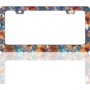 Beautiful Glass Flowers Pattern License Plate Frame Floral Stainless Steel License Plate Holder For Front And Rear Car Tags Funny For Car Decoration Accessories With Screws 6.3 X 12.2 In For Women Men