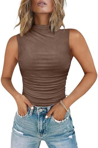 Chunpin Women's Mock Neck Mesh Sleeveless Bodysuit Ruched Going Out Tops Thong Body Suits L