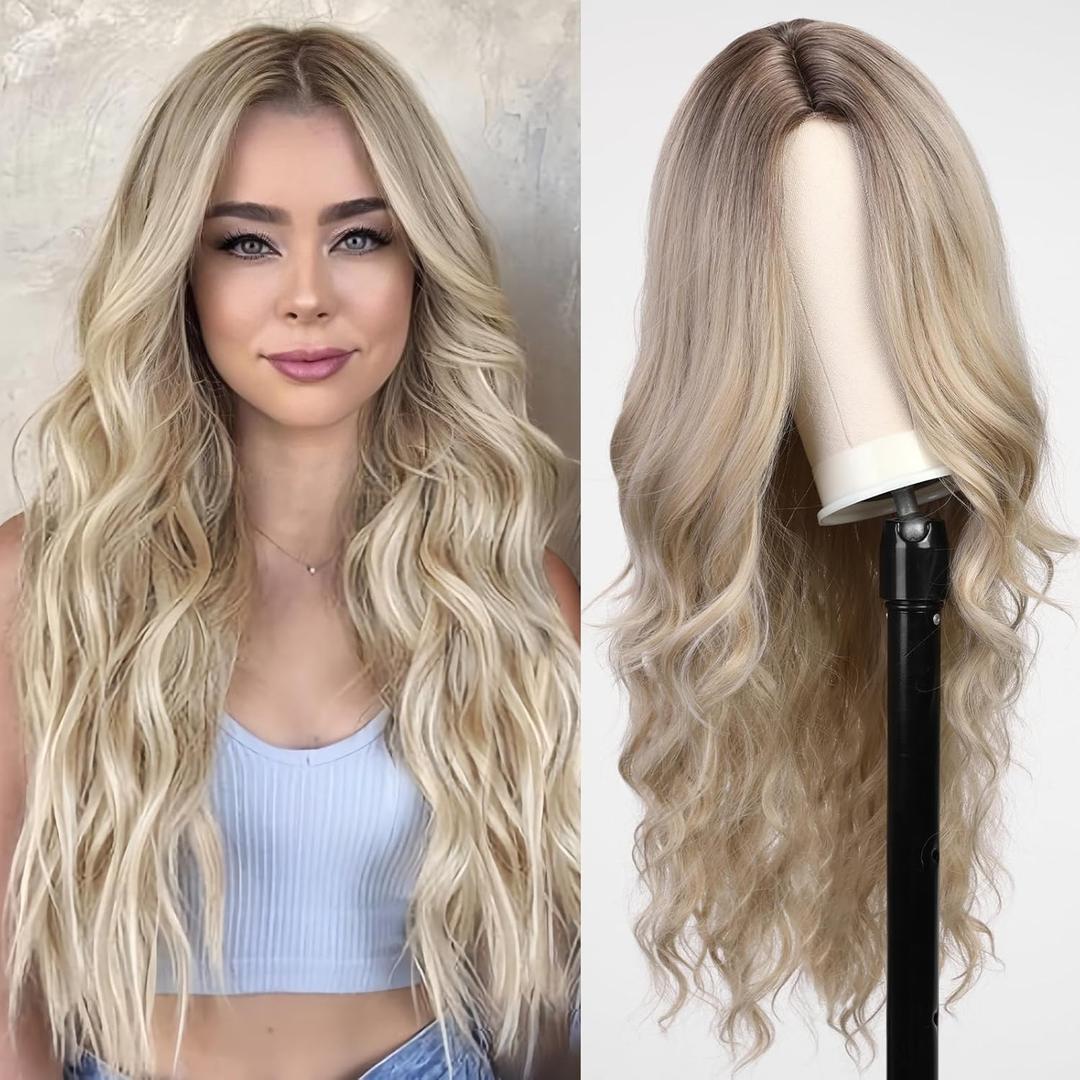 starluck Long Ombre Ash Blonde Wavy Wig for Women 26 Inch Middle Part Curly Wig Natural Looking Synthetic Heat Resistant Fiber Wig for Daily Party Use