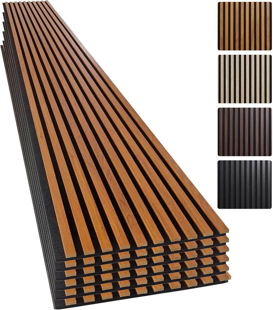 Yuzzy Wood Slat Wall Panel 6 Pack, 94.5" x 12" Acoustic Wall Panels for Interior Wall Decor and Noise Cancelling, Soundproof Wall Panels for Living Room, Bedroom, Office, Teak, 6Pcs - 94.5"x12"